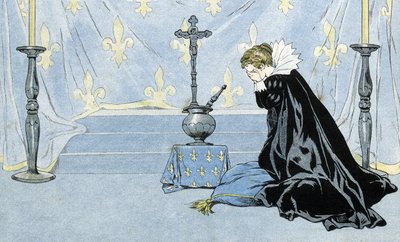 La France, représentée par une femme portant une cape noire, pleure la mort du roi Henri IV (1553-1610). Dans "La France, son histoire racontée par G. Montorgueil, illustrée par Job" 1896. Collection privée. - pseudonym for Onfray de Breville Jacques Job