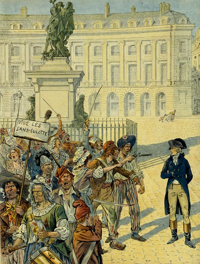 Révolution française 1789 : Napoléon Ier Bonaparte (1769-1821) menacé par la foule des sans-culottes le 10 août 1792 près de la statue de Louis XIV (1638-1715) par Desjardins avant qu