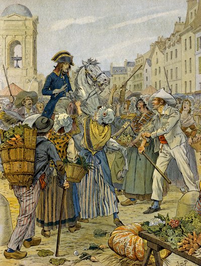 Révolution française 1789 : Napoléon Ier Bonaparte (1769-1821) pris à partie par la populace révolutionnaire et les sans-culottes aux Halles. Illustration de Jacques Marie Gaston Onfray de Bréville dit JOB (1858-1931). Collection privée - pseudonym for Onfray de Breville Jacques Job
