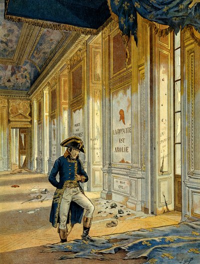 Révolution française de 1789 : Napoléon Ier Bonaparte (1769-1821) dans la salle du trône au palais des Tuileries après le passage des révolutionnaires qui ont saccagé l