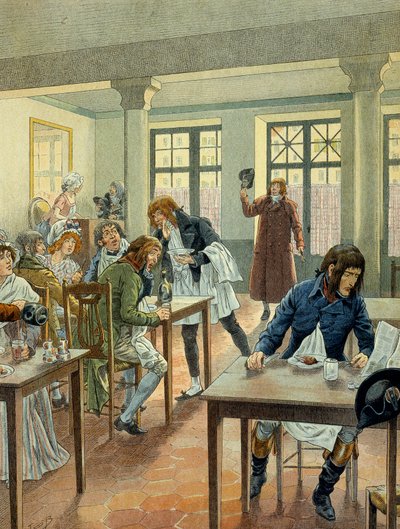Révolution française de 1789 : Napoléon Ier Bonaparte (1769-1821) jeune chez le gargotier Justat, de la rue des Petits-Pères à Paris, réduit à un seul plat qu