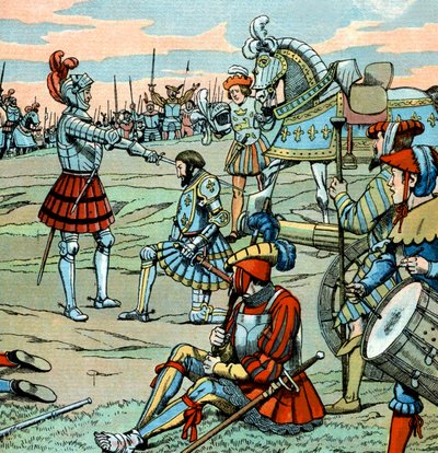 Le roi français François 1er est fait chevalier par Bayard juste après la bataille de Marignan le 14 septembre - pseudonym for Onfray de Breville Jacques Job