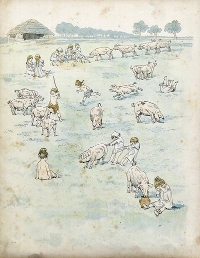 Enfants gaulois jouant avec des cochons dans un champ. Dans « La France, son histoire racontée par G. Montorgueil, illustrée par Job » 1896. Collection privée. - pseudonym for Onfray de Breville Jacques Job