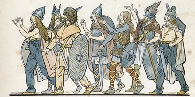 Guerriers gaulois avec leurs casques, épées et boucliers. dans "France, son histoire racontée par G. Montorgueil, illustrée par Job" 1896. Collection privée. - pseudonym for Onfray de Breville Jacques Job