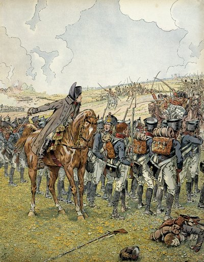 Campagne allemande en 1813 : Napoléon Ier Bonaparte (1769-1821) à la bataille de Lützen le 2 mai 1813 commandant son armée avant de remporter la victoire. Dans "Napoléon" par Georges Montorgueil. Illustration de Jacques Marie Gaston Onfray de Bréville dit  - pseudonym for Onfray de Breville Jacques Job