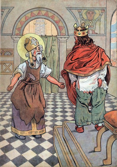 Histoire de France. Scène de la vie du roi Dagobert avec des jouets : Saint Éloi (v.588-659) signale au roi de France Dagobert I (602 ou 605-638 ou 639) que son pantalon est mis à l