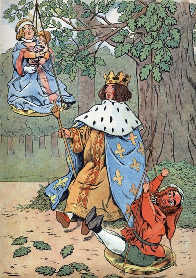 Histoire de France. Scène de la vie de Saint Louis en jouets : le roi Louis IX dit Saint Louis (1214-1270) rendant justice au pied d