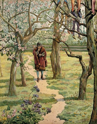Histoire de France au Moyen Âge : Le roi Louis XI dit le Prudent (1423-1483) dans les jardins du château de Plessis-les-Tours (Plessis les Tours), Indre-et-Loire. On voyait des gens pendus aux arbres - pseudonym for Onfray de Breville Jacques Job