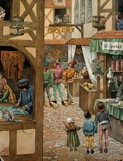Histoire de France au Moyen Âge : Rue de Paris après que le roi Louis XI dit le Prudent (1423-1483) a signé le traité de Péronne avec Charles le Téméraire. Les Parisiens avaient acheté des perroquets auxquels ils avaient appris à dire Péronne pour se moque - pseudonym for Onfray de Breville Jacques Job