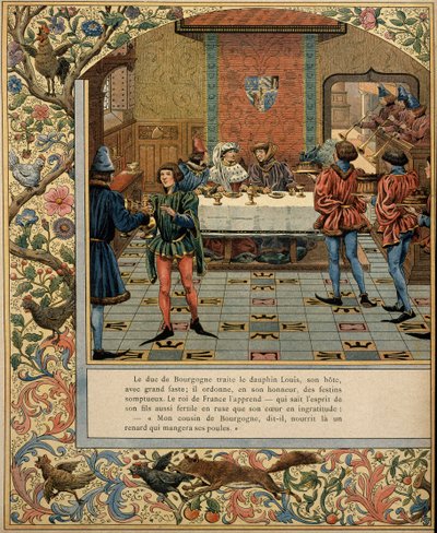 Histoire de France au Moyen Âge : le duc de Bourgogne Philippe le Bon (1396-1467) a une table avec son invitation le dauphin Louis (alors roi de France Louis XI dit le Prudent) - pseudonym for Onfray de Breville Jacques Job