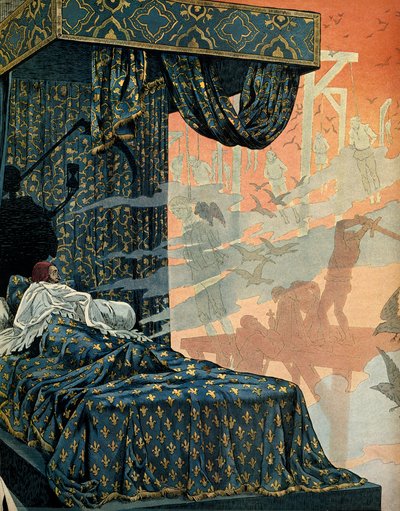 Histoire de France au Moyen Âge : le roi de France Louis XI dit le Prudent (1423-1483) avait des cauchemars anxieux avant de mourir. Illustration de Jacques Marie Gaston Onfray de Breville dit JOB (1858-1931) - pseudonym for Onfray de Breville Jacques Job