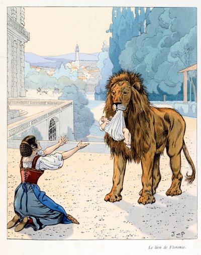 Illustration du livre « A la gloire des bêtes » texte de A Fabre, dessins de Jacques Marie Gaston Onfray de Breville dit JOB, éditeur Maison Alfred Mame et fils : Le lion de Florence (évasion de la ménagerie du Grand-Duc de Florence) - pseudonym for Onfray de Breville Jacques Job