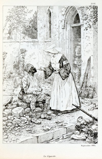 Illustration du livre « La Grande Guerre par les artistes » : « La cigarette septembre 1914 » religieux donnant une cigarette à un soldat blessé par Jacques Marie Gaston Onfray de Breville dit JOB (1858-1931) - pseudonym for Onfray de Breville Jacques Job