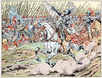 Illustration tirée du livre "Le bon roy Henri", illustrée par Jacques Marie Gaston Onfray de Bréville dit JOB (1858-1931) : Henri IV devant son armée : Suivez mon plume blanc - Collection privée - pseudonym for Onfray de Breville Jacques Job
