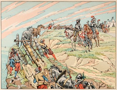 Illustration tirée du livre « Le bon roy Henri », illustré par Jacques Marie Gaston Onfray de Breville dit JOB (1858-1931) : Henri IV en guerre établit son camp près de Dieppe avec son artillerie - pseudonym for Onfray de Breville Jacques Job