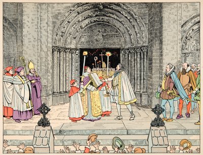 Illustration tirée du livre « Le bon roy Henri », illustré par Jacques Marie Gaston Onfray de Breville dit JOB : Henri IV, Basilique Saint-Denis abjure sa religion et se convertit - pseudonym for Onfray de Breville Jacques Job