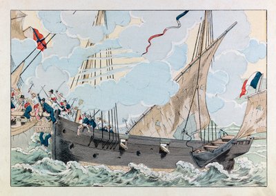 Illustration du livre « Les épées de France » : Robert Surcouf (1773-1827) avec son navire « La Coquette » attaque le navire anglais « la Queen Mary » - pseudonym for Onfray de Breville Jacques Job