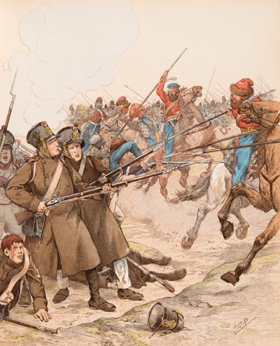 Militaires français pendant les campagnes napoléoniennes surnommés Marie-Louise en 1815 combattant les cosaques, Collection privée - pseudonym for Onfray de Breville Jacques Job