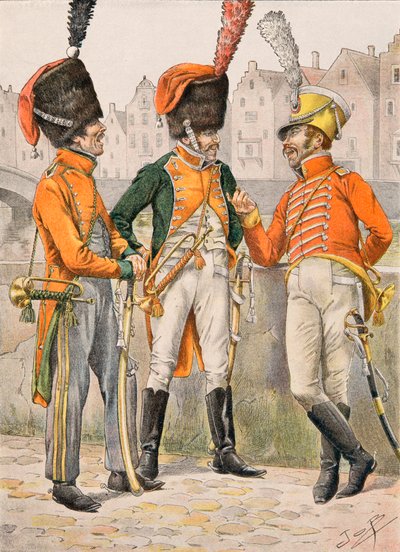 Uniforme des troupes françaises à travers les âges : trompettes des régiments de chasseurs à cheval - pseudonym for Onfray de Breville Jacques Job
