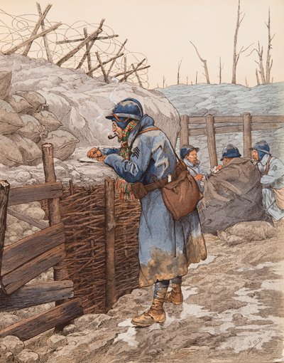 La lettre du pépère (poilu dans une tranchée écrivant à sa famille pendant la Première Guerre mondiale) - pseudonym for Onfray de Breville Jacques Job