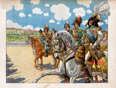 Joachim Murat accompagnant Napoléon Ier et Alexandre Ier lors de la revue des troupes pendant le traité de Tilsit - pseudonym for Onfray de Breville Jacques Job