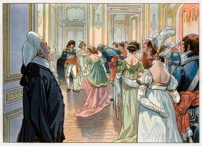 Joachim Murat (1767-1815) alors gouverneur de Paris et sa femme Caroline Bonaparte (1782-1839) reçurent les invités à une fête dans son hôtel place Vendôme, Paris. Les invités sont annoncés par un serviteur et ensuite ils font la révérence devant leurs hôt - pseudonym for Onfray de Breville Jacques Job