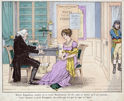 Joséphine et le notaire - Maître Raguideau, notaire de la veuve Beauharnais, lui dit : "Vous ! Épousez ce petit Bonaparte" - Maître Raguideau et Joséphine - lithographie de Job (Jacques Onfroy de Bréville) de "Le Grand Napoléon des Petites Enfants" - pseudonym for Onfray de Breville Jacques Job