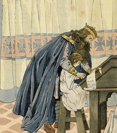 Le roi Charlemagne (Charles Ier, dit Charlemagne, 742-814) éduque un jeune enfant et invente l