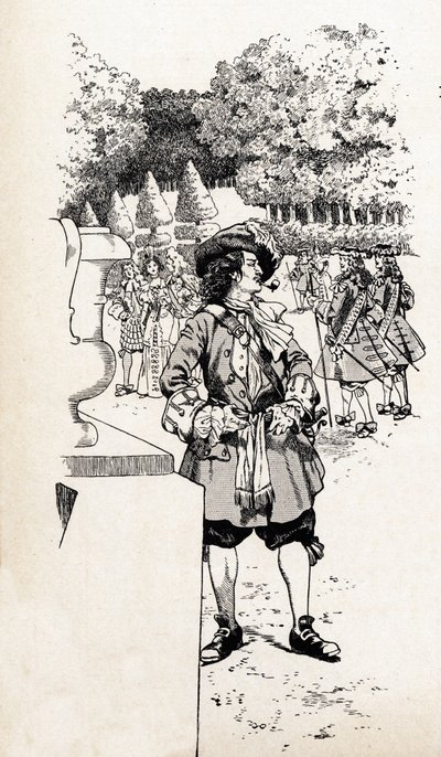 Le roi Louis XIV de France appelé Roi Soleil (1638-1715) avec ses courtisans dans les jardins de Versailles. Illustration de Job (Jacques Marie Gaston Onfray et Breville) (Jacques-Marie) (1858-1931) pour le livre « Les grands mots historiques du pays de Fr - pseudonym for Onfray de Breville Jacques Job