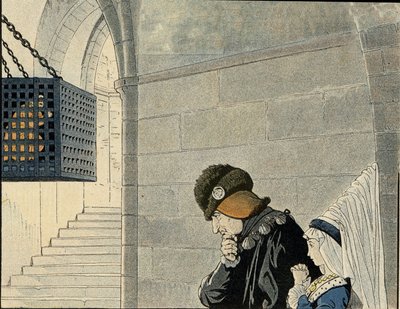 Le roi Louis XI (1423-1483) visite le prisonnier Jean Balue (1421-1491), enfermé en 1469 dans une cage de fer pour complot contre le roi. Dans « La France, son histoire racontée par G. Montorgueil, illustrée par Job » 1896. Collection privée. - pseudonym for Onfray de Breville Jacques Job
