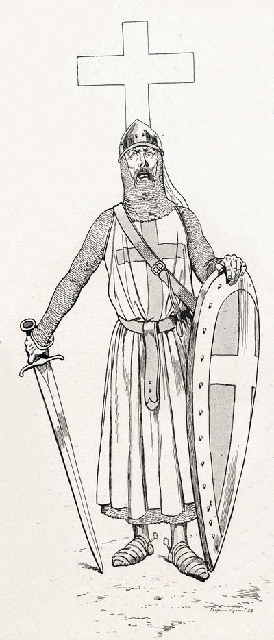 Chevalier de Louis IX connu sous le nom de Saint Louis (1214-1270) en costume de croisade. Illustration de Job (Jacques Marie Gaston Onfray et Breville) (Jacques-Marie) (1858-1931) pour le livre « Les grands mots historiques du pays de France » 1915. Colle - pseudonym for Onfray de Breville Jacques Job