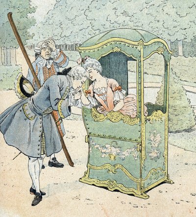 Dame de la noblesse au 18e siècle, dans une chaise à porteurs recevant le baisemain - pseudonym for Onfray de Breville Jacques Job