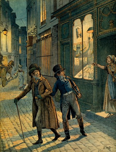 Louis Antoine Fauvelet de Bourrienne (1769-1834) et Napoléon Ier Bonaparte (1769-1821) dans les rues de Paris incognito. Illustration par Jacques Marie Gaston Onfray de Bréville dit JOB (1858-1931). Collection privée - pseudonym for Onfray de Breville Jacques Job