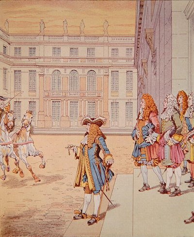 Louis XIV dans la cour de Versailles prononçant sa célèbre phrase 