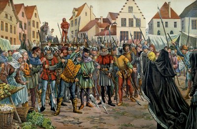 Marie de Bourgogne (1457-1482), duchesse de Bourgogne, réclame la clémence pour ses conseillers en 1477. Illustration de Jacques Marie Gaston Onfray de Bréville dit JOB (1858-1931) dans « Louis XI » - pseudonym for Onfray de Breville Jacques Job
