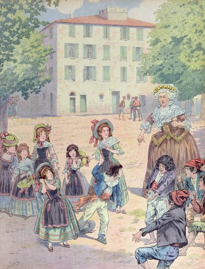 Napoléon Bonaparte (1769-1821) enfant en dispute avec ses camarades devant sa maison à Ajaccio, Corse, c.1910 (lithographie en couleur) - pseudonym for Onfray de Breville Jacques Job