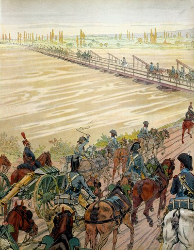 Napoléon Ier Bonaparte (1769-1821) et son armée passent le Rhin le 1er octobre 1805. Dans « Napoléon » de Georges Montorgueil. Illustration de Jacques Marie Gaston Onfray de Breville dit JOB (1858-1931) - pseudonym for Onfray de Breville Jacques Job