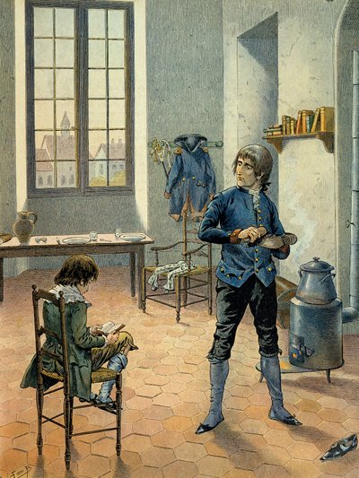 Napoléon Ier Bonaparte (1769-1821) en garnison à Auxonne avec son frère Louis Bonaparte (1778-1846) lisant entre 1788 et 1789. Illustration de Jacques Marie Gaston Onfray de Bréville dit JOB (1858-1931) - pseudonym for Onfray de Breville Jacques Job