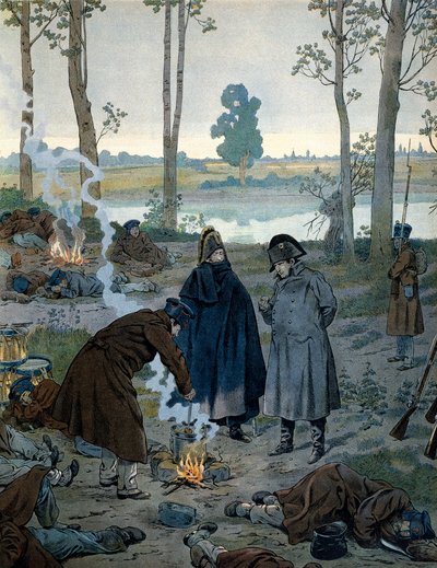 Napoléon Ier Bonaparte (1769-1821) dans les bivouacs à la veille de la bataille de Waterloo en 1815. Dans « Napoléon » de Georges Montorgueil - pseudonym for Onfray de Breville Jacques Job