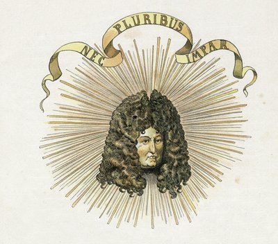 Portrait du roi Louis XIV (1638-1715) avec sa devise en latin "Nec pluribus impar" (À nul autre pareil). dans "France, son histoire racontée par G. Montorgueil, illustrée par Job" 1896. Collection privée. - pseudonym for Onfray de Breville Jacques Job