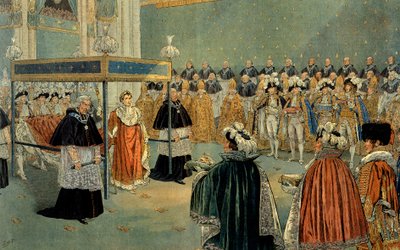Représentation du sacre de Napoléon Ier (1769-1821) à la cathédrale Notre-Dame de Paris le 02/12/1804. Illustration de Jacques Marie Gaston Onfray de Breville dit JOB (1858-1931). Collection privée - pseudonym for Onfray de Breville Jacques Job