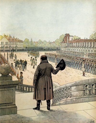 Les adieux de Napoléon Ier Bonaparte (1769-1821) dans la cour du Cheval Blanc à Fontainebleau le 20 avril - pseudonym for Onfray de Breville Jacques Job