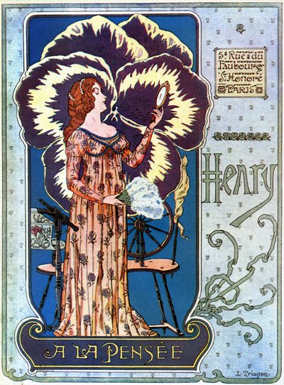 Art Nouveau : affiche publicitaire pour la boutique de cosmétiques « Henry à la Pensée » à Paris. Une jeune femme s
