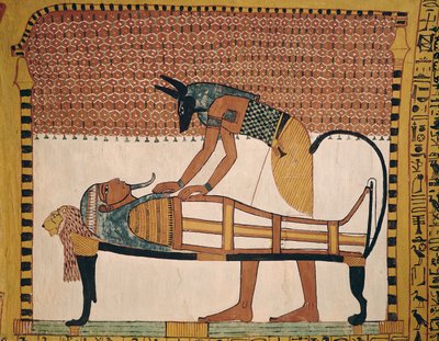 Anubis assiste Sennedjems Mummy, de la tombe de Sennedjem, le village des travailleurs, New Kingdom (peinture murale) (voir aussi 67892) - Egyptian 19th Dynasty
