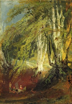 Un bois de hêtre avec des gitans assis autour d&39;un feu de camp, vers 1799-1801 (huile sur papier posée sur le panneau) - Joseph Mallord William Turner