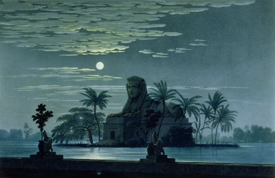 ScÃ¨ne de jardin avec le Sphinx au clair de lune, Act II scÃ¨ne 3, scÃ©nographie pour 'The Magic Flute' de Wolfgang Amadeus Mozart (1756-91) pour l'opÃ©ra de Berlin, 1816, - Karl Friedrich Schinkel