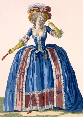 Robe franges de style anglais en bleu lectrique avec bordure bordeaux bordeaux grav e par Bacquoy planche n 182 des Galeries des Modes et