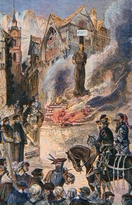 La torture de Michel Servet à Genève (Michel Servetus) (Michel de Villeneuve) médecin et théologien espagnol (1511-1553) - Le torice de Michel Servet (Miguel Serveto) (1511-1553) a Genève, médecin et théologien espagnol Gravure