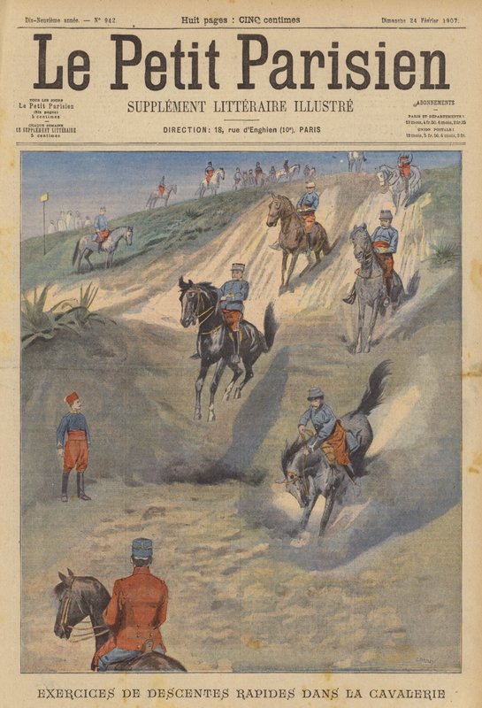 Cavalerie française pratiquant des descentes rapides à cheval - (after) Carrey