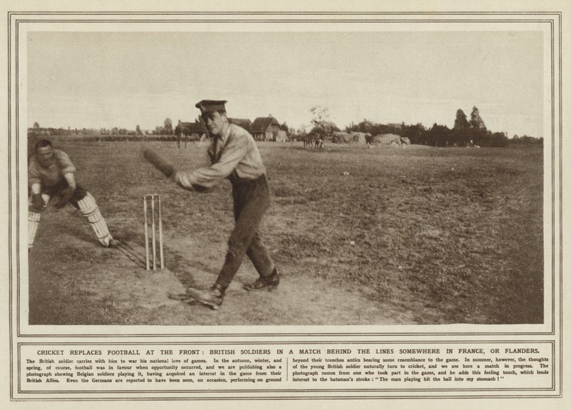 Le cricket remplace le football au front, des soldats britanniques dans un match derrière les lignes quelque part en France ou en Flandre - (after) English photographer